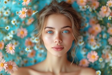 A woman with striking blue eyes stands amidst a vibrant array of flowers.