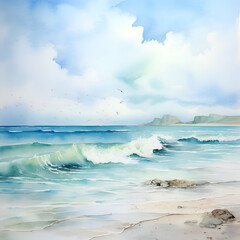 Beautiful seascape with sea waves and sky. Digital watercolor painting.