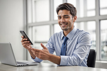 Handsome Young Businessman in a Light Blue Shirt and Tie Smiling While Using a Smartphone, Seated at a Desk with a Laptop