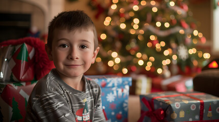 Fototapeta na wymiar Young Boy Standing in Front of Christmas Tree