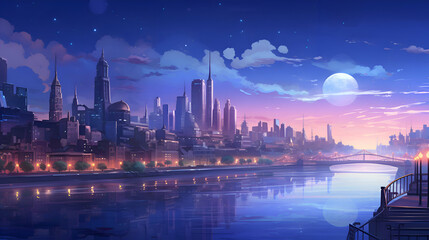 Cityscape and river at night. 3D illustration. Copy space.