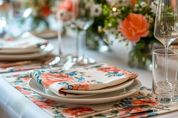 This image displays a beautifully arranged table setting with a floral-patterned napkin, fine china, and crystal glassware, suggesting preparations for a celebratory or formal event. - Powered by Adobe