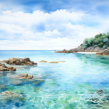 Beautiful seascape with stones and blue water. Digital painting.
