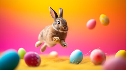 Fototapeta na wymiar Easter Bunny Jumping Among Colorful Eggs