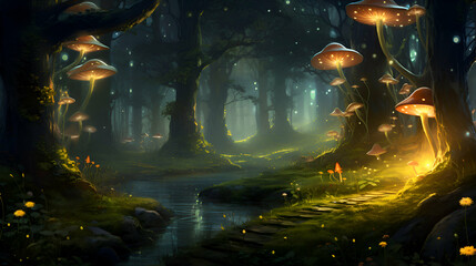 Fototapeta na wymiar Fantasy landscape with magic forest and mushrooms. 3D illustration.