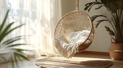 Suspended Comfort: Relaxing in a Boho Macrame Swing. Generative AI