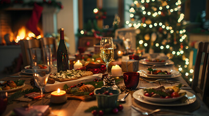 Fototapeta na wymiar Christmas Dinner Table With Lit Christmas Tree