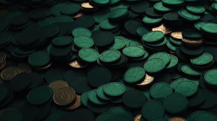 Background with coins is Dark Green color. - obrazy, fototapety, plakaty