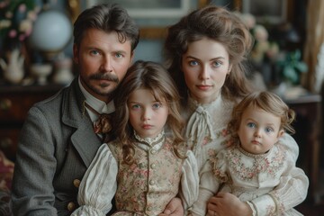 A family of four, dressed in ornate vintage clothing, poses for a timeless portrait, capturing the essence of familial bonds and historic fashion.