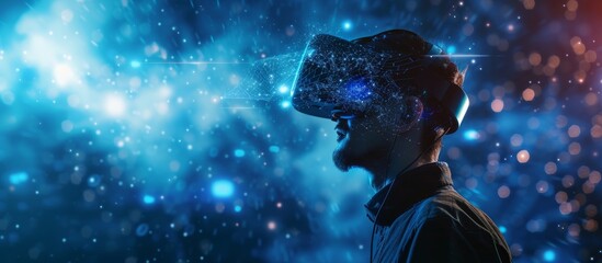 Immersed man with multiple virtual reality glasses on head in futuristic digital technology concept