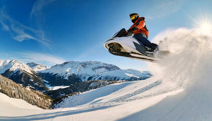 Side view of a man landing a jump on a snowmobile in a snowy landscape. Snow-capped peaks and blue sky with clouds in the background. Generative Ai.