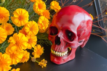 skull painted red beside a bouquet of yellow marigolds