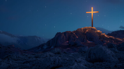 Illuminated Cross on Mountain Top at Night