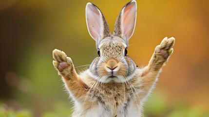 Fototapeta na wymiar Brown and White Rabbit Raising Its Hands