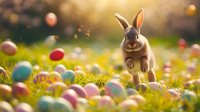 Rabbit Running Through Field of Eggs