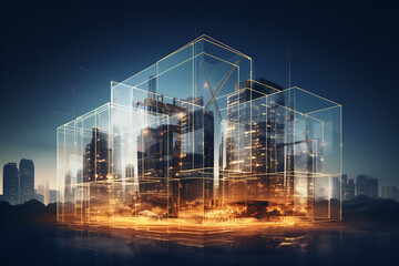 Abstract city background. 3d rendering, toned image double exposure
