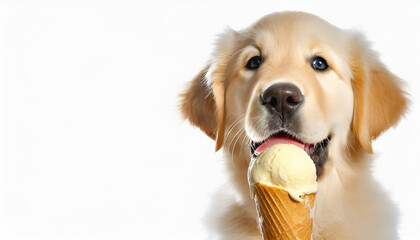 Generative Ai cute golden retriever is licking ice cream on white background with copy-space - obrazy, fototapety, plakaty