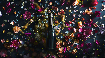 Champagne Bottle Surrounded by Confetti