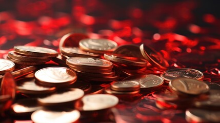 Background with coins is red color. - obrazy, fototapety, plakaty