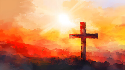Fototapeta na wymiar Watercolor Painting of Cross on Hillside