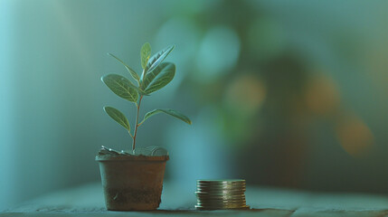 Fototapeta na wymiar Potted Plant Resting on Coin Pile