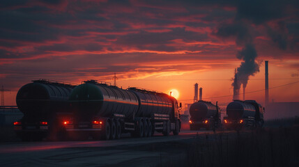 Fototapeta na wymiar Group of Trucks Driving Down Road at Sunset