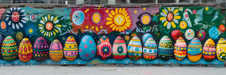 Fototapeta premium Easter egg happy smiling character graffiti painting on urban wall