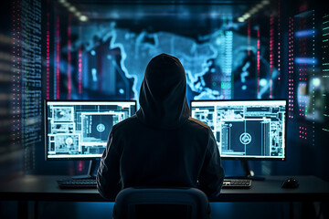 Hacker in hoodie sitting in front of computer monitor with stock market data. Cybercrime concept. - obrazy, fototapety, plakaty