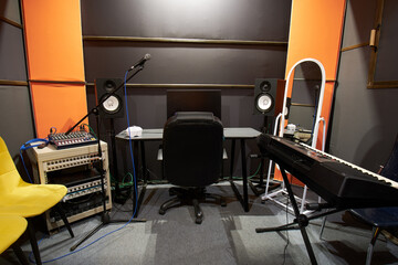 Interior of a recording studio, vocal training class and rehearsal space