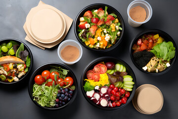 Healthy food in plastic containers on a black background, top view