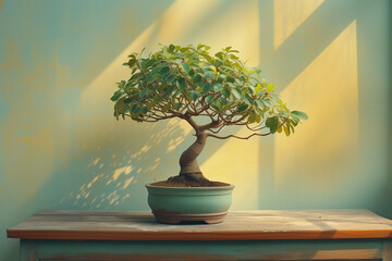  Ginseng bonsai tree, adorned in lush green hues, graces a wooden desk against a backdrop of warm yellow tones, embodying the fusion of nature and simplicity in a captivating display.
