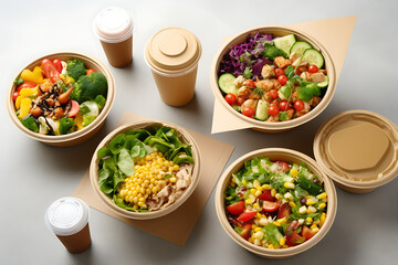 Healthy food in plastic containers on a black background, top view