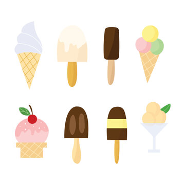 Set of cartoon ice cream illustrations with different toppings. Stickers for sweets shop or cafe.