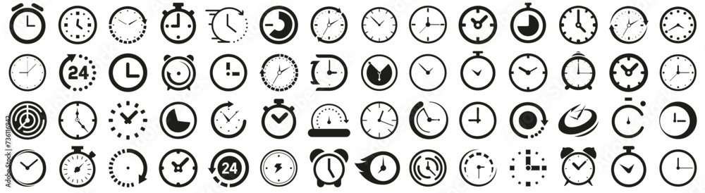 Poster time and clock icons. set of black clock, stopwatch, timer, watch icon. black clock icon collection
