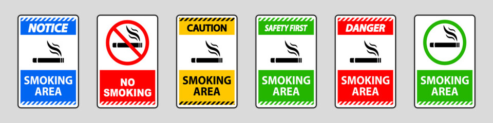 Smoking area, no smoking caution forbidden sign collection. No smoking and smoking area labels - obrazy, fototapety, plakaty