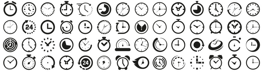 Time and clock icons. Set of black clock, stopwatch, timer, watch icon. Black clock icon collection - obrazy, fototapety, plakaty