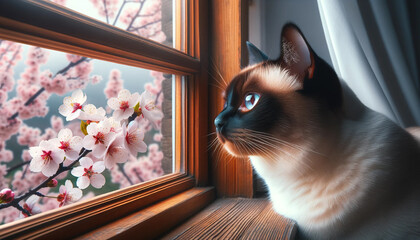 春の桜が咲く外を窓から眺めるペットの猫 - obrazy, fototapety, plakaty