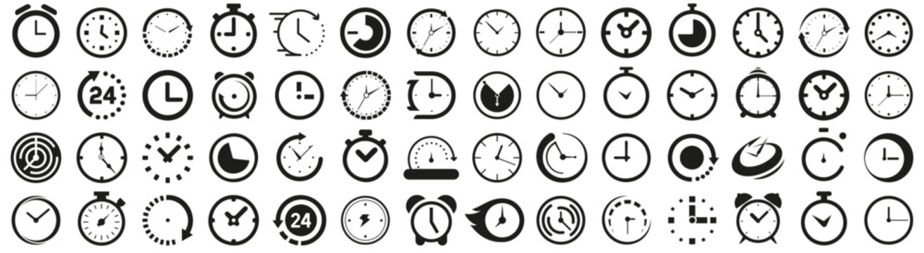 Time and clock icons. Set of black clock, stopwatch, timer, watch icon. Black clock icon collection