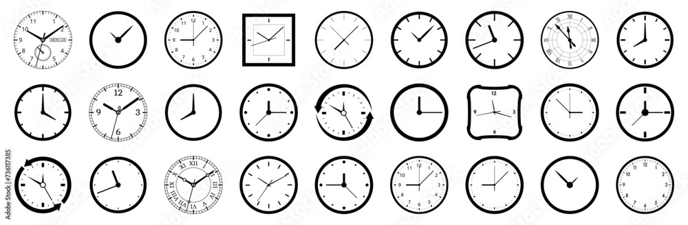 Poster clock icon collection. set of different time clock icon. clock watch icon. clock face blank isolated