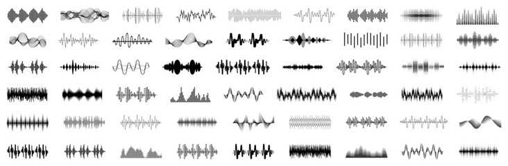 Equalizer music waves collection. Set of black music wave. Black music line wave beat collection. Frequency audio waveform, music wave - obrazy, fototapety, plakaty