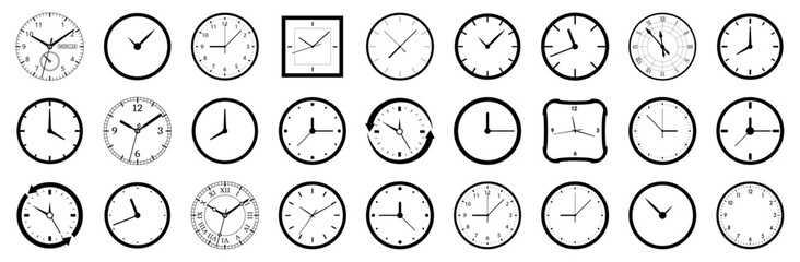 Clock icon collection. Set of different time clock icon. Clock watch icon. Clock face blank isolated on white background.