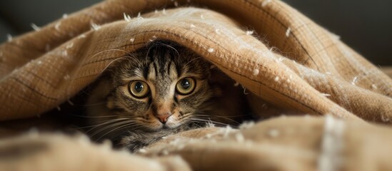 Adorable cat hiding playfully under cozy and warm blanket at home