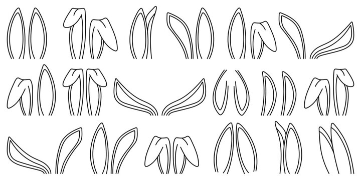 Doodle set with Easter bunny ears, isolated on a transparent background. Vector illustration hand-drawn in a children's theme for use in photographs, web design, and notepads, featuring a thin black o