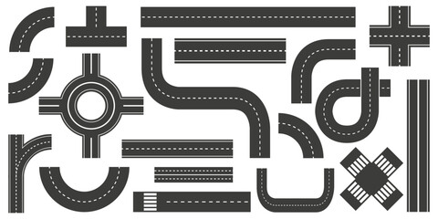 Street road on top view collection. Set of street road on top view. Cartoon road collection. City road and highway top view, elements for map