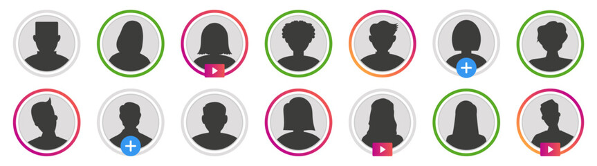 User avatar collection for social media. Set of frame live stories user. People avatar in circle frame for social media