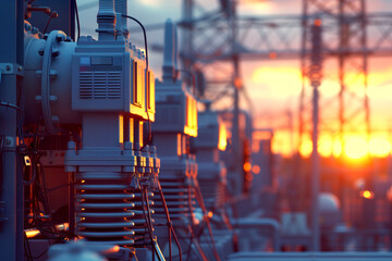 Naklejka premium Substation with switchgear a transmission transformers for high voltage electric power AI Generative