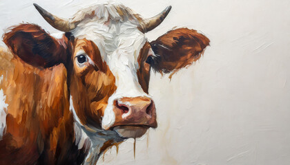 Oil painting of a cow head on pure white background canvas, copyspace on a side - obrazy, fototapety, plakaty