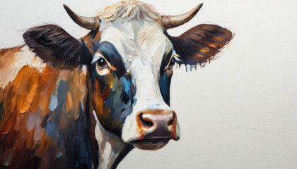 Oil painting of a cow head on pure white background canvas, copyspace on a side