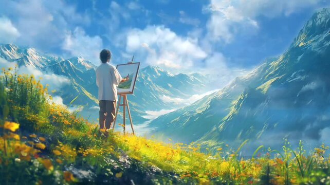 Person painting mountains. Seamless looping time-lapse 4k video animation background