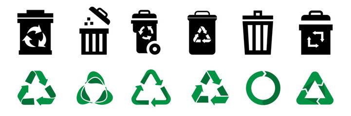 Trash can and recycle icons. Trash bin, recycle arrow icon collection. Set of recycle and trash can icons